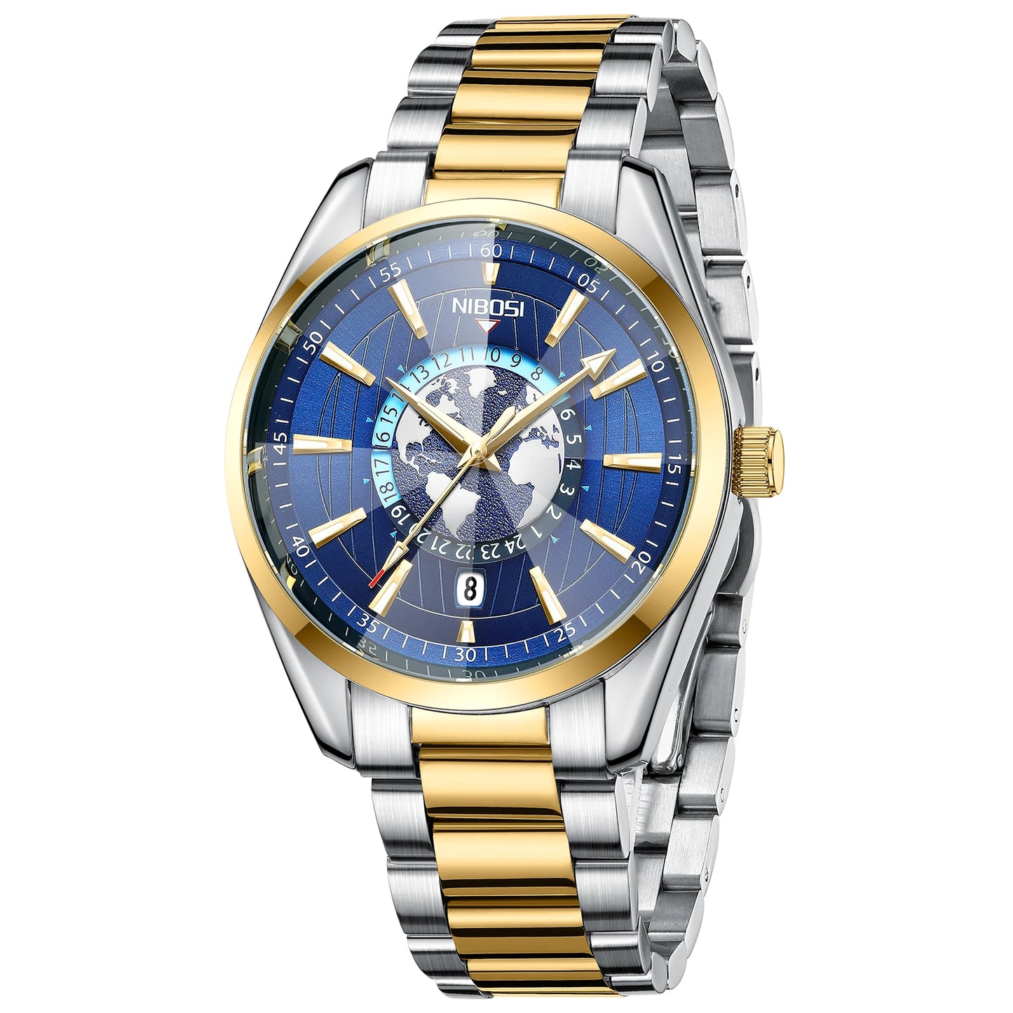 Two-tone silver and gold watch with a blue world map face on a white background