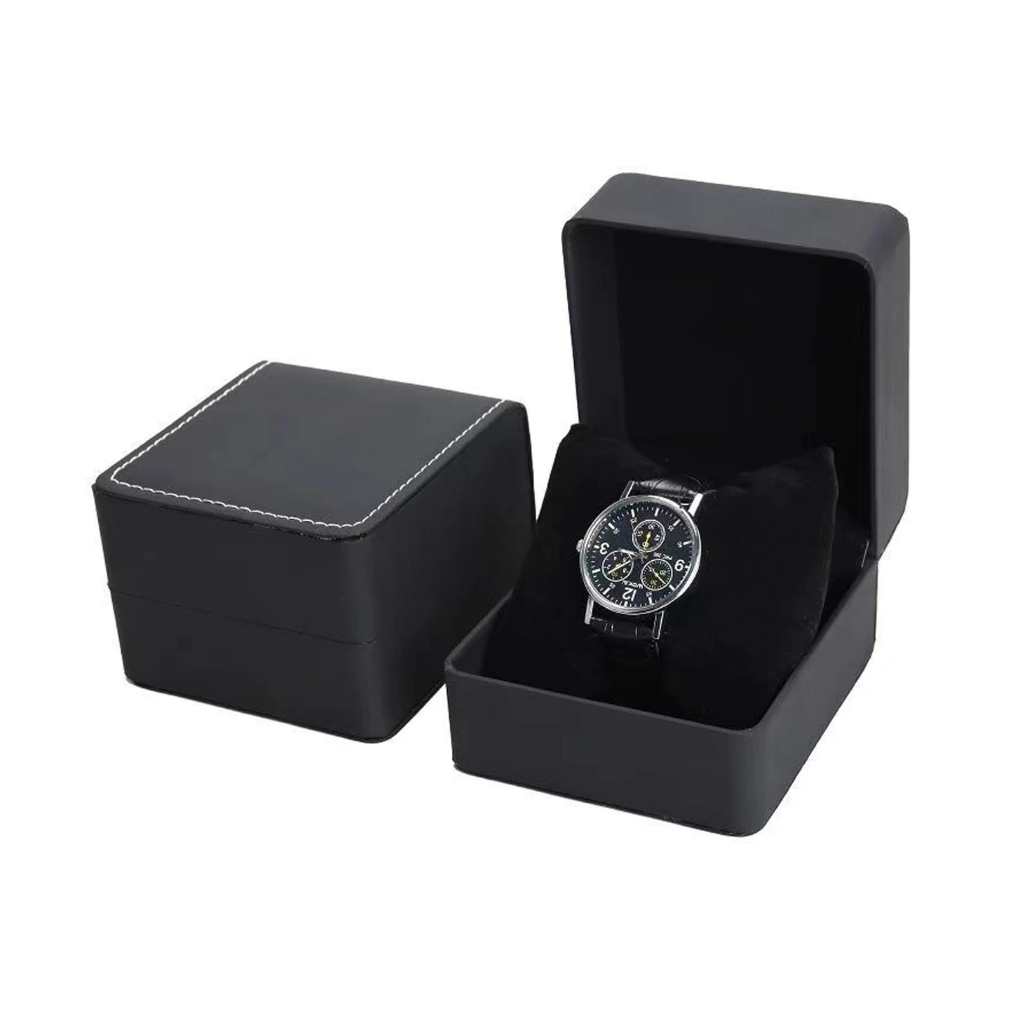 Black watch box with a silver watch inside on a white background