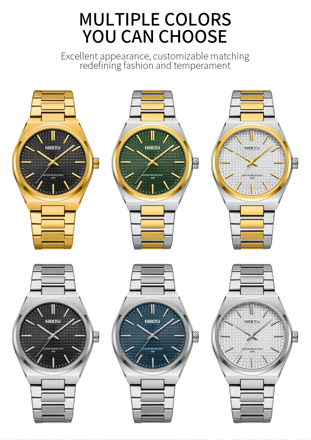 Set of six watches in gold, silver, and black with different face designs on a white background.