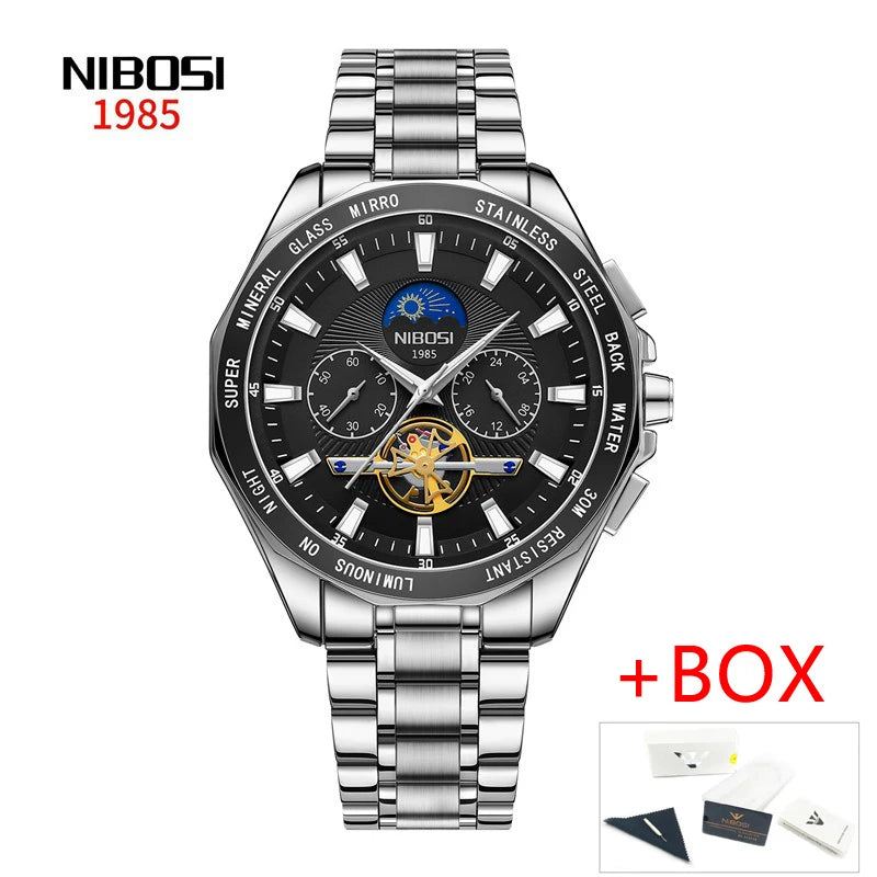 NIBOSI 2580 Tourbillon Watch – Gold Black Luxury Chronograph for Men