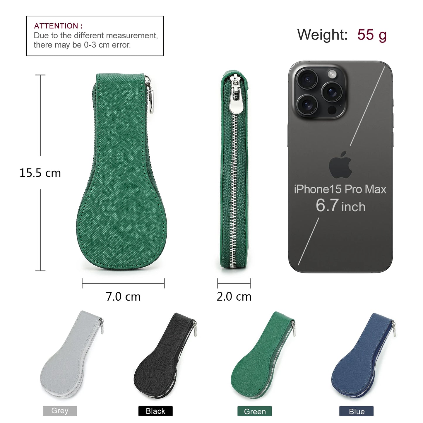 Green phone case with measurements and weight information, next to an iPhone 15 Pro Max.