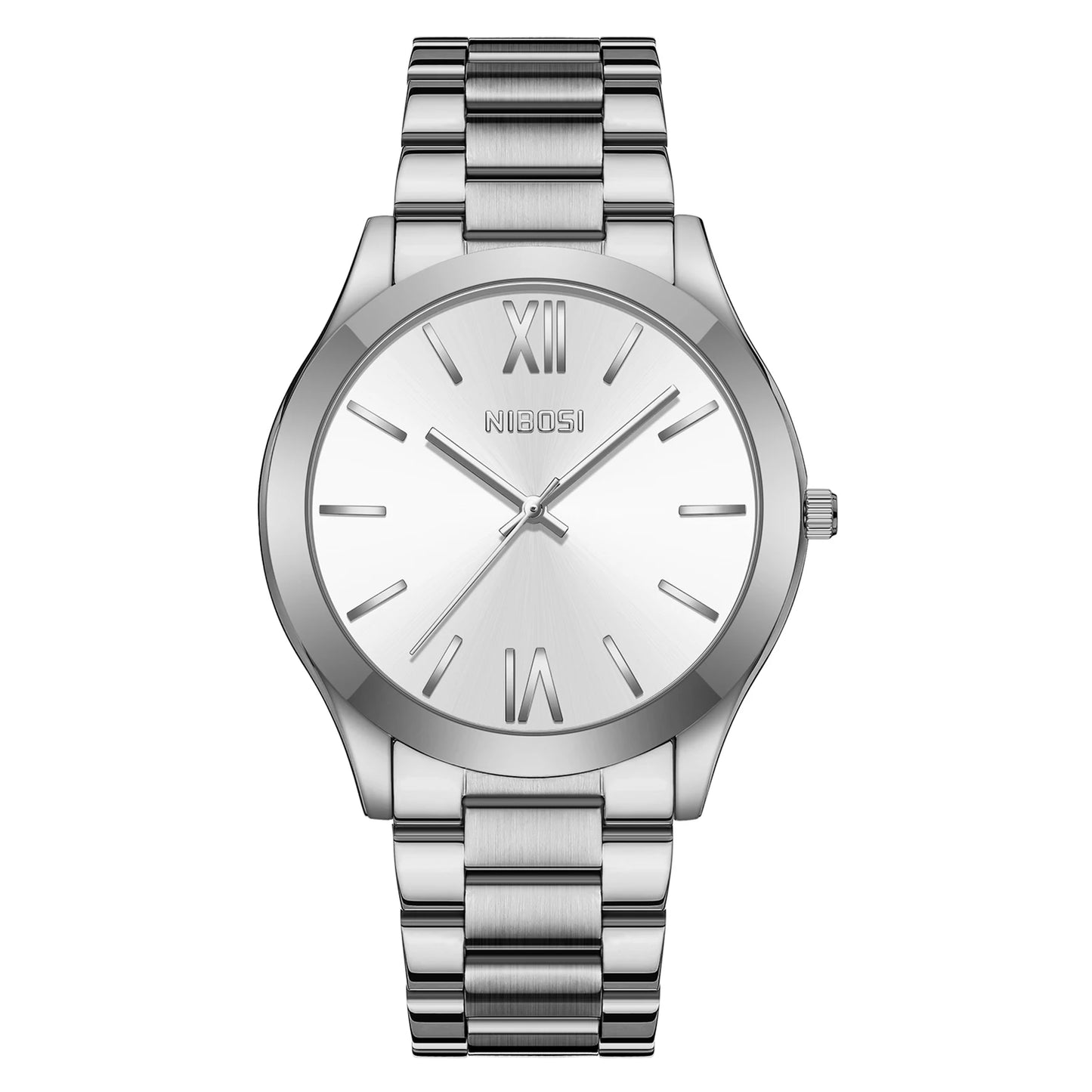 Silver watch with a white face on a white background