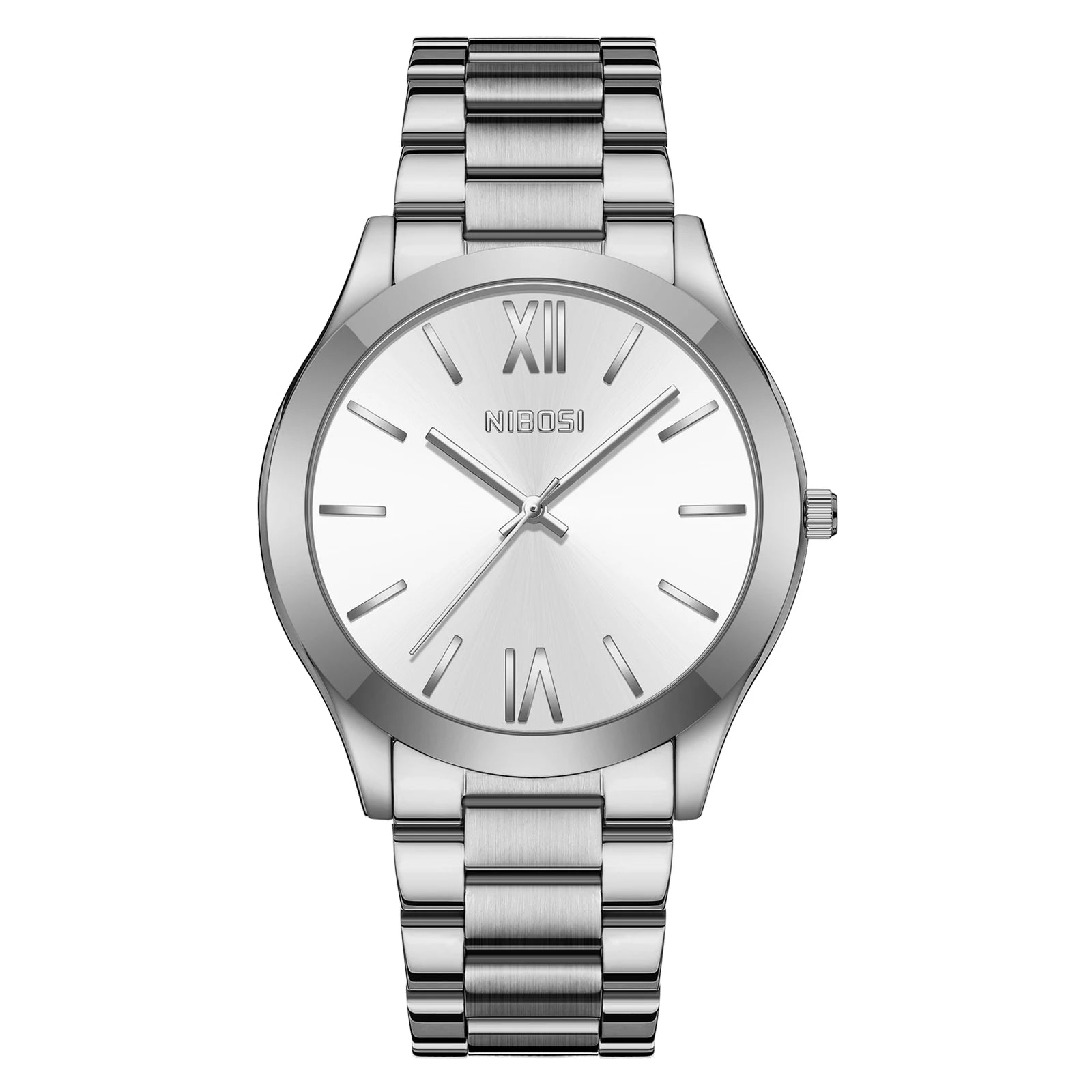 Silver watch with a white face on a white background