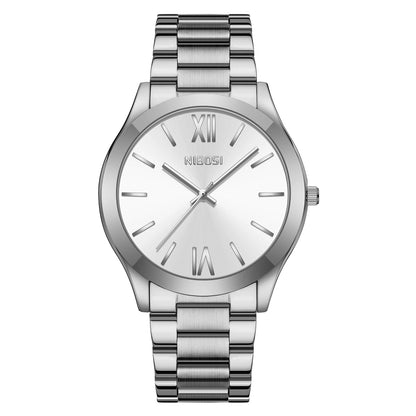 Silver watch with a white face on a white background