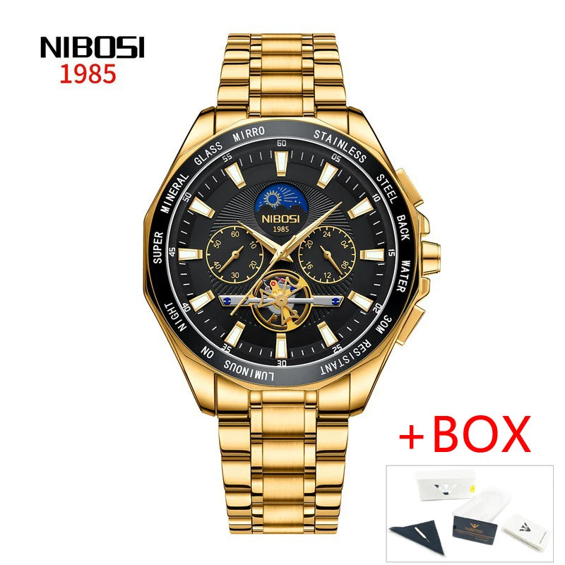 NIBOSI 2580 Tourbillon Watch – Gold Black Luxury Chronograph for Men