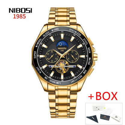 NIBOSI 2580 Tourbillon Watch – Gold Black Luxury Chronograph for Men