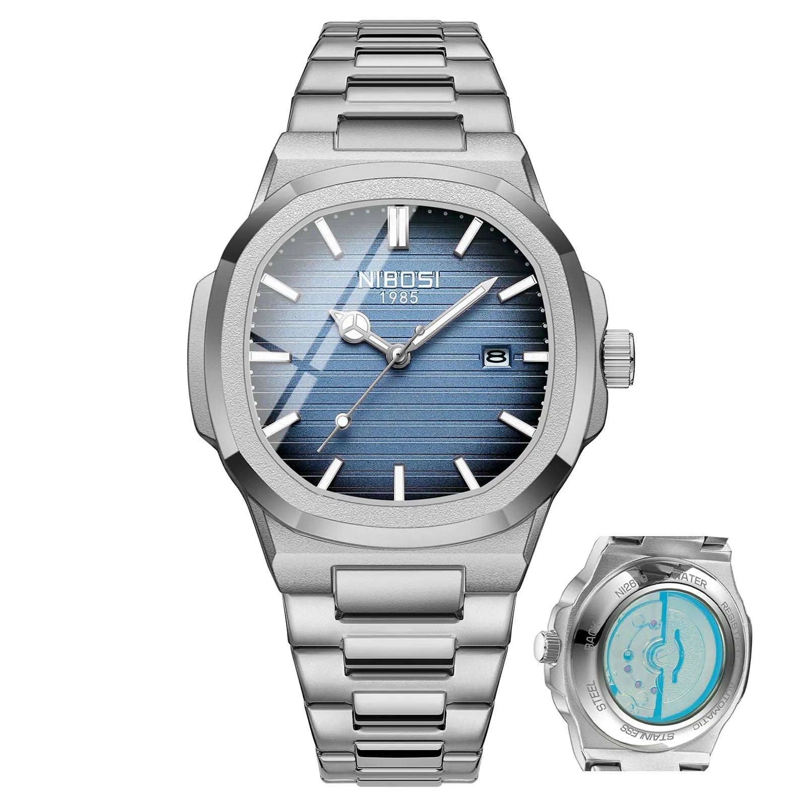 Silver watch with blue face and additional smaller watch on a white background
