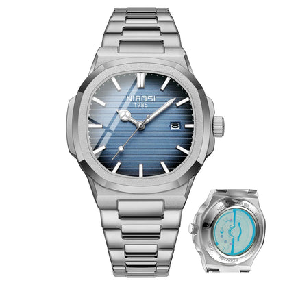 Silver watch with blue face and additional smaller watch on a white background