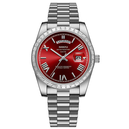 Silver watch with a red face on a white background