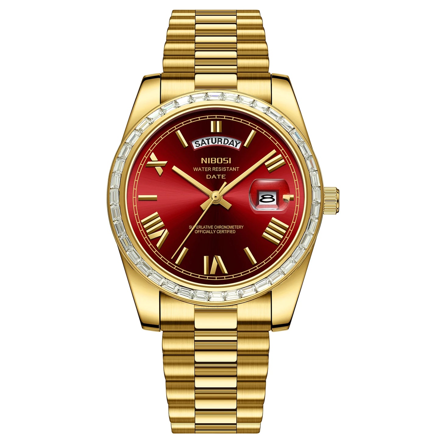 Gold wristwatch with a red face on a white background