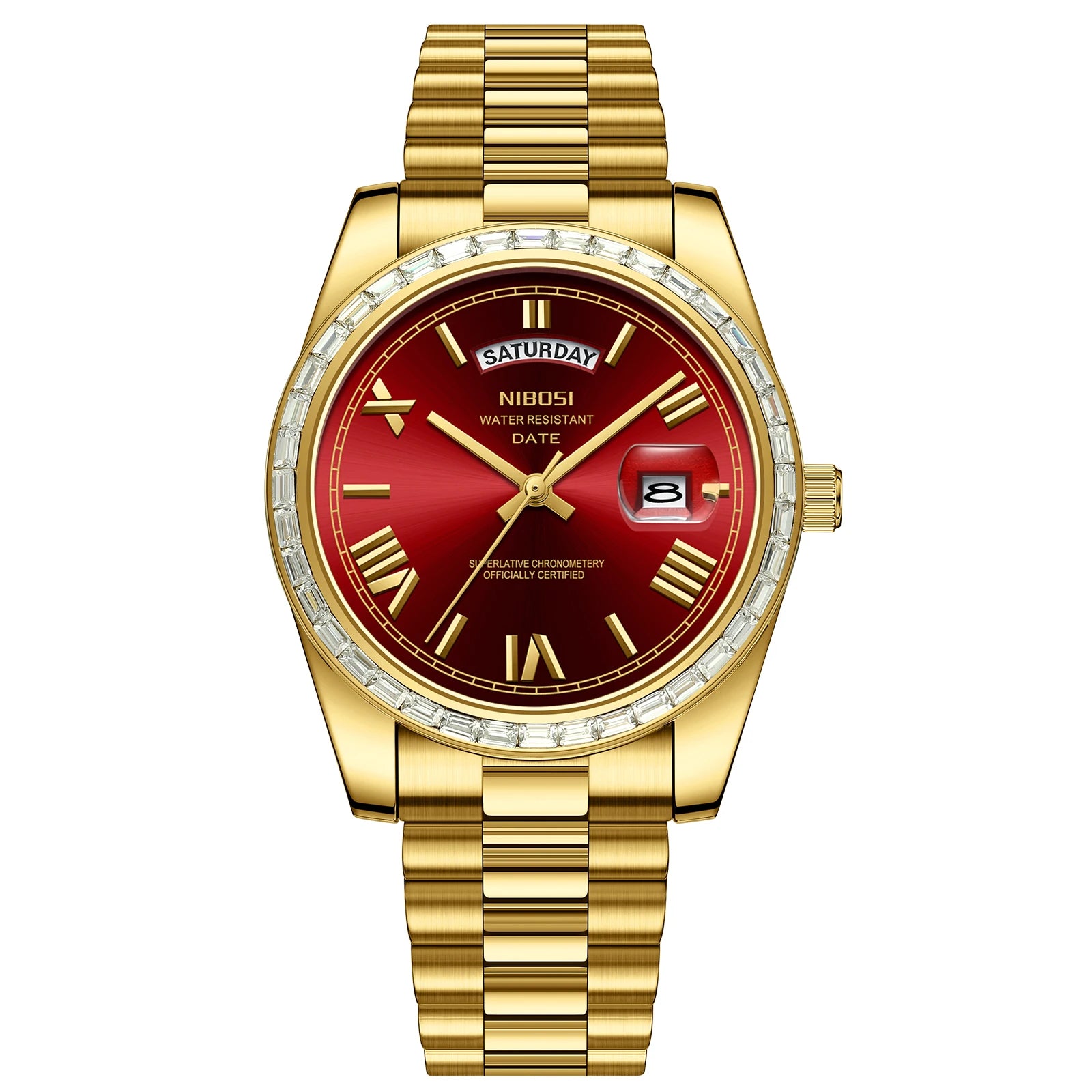 Gold wristwatch with a red face on a white background