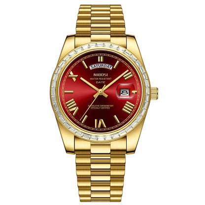 Gold wristwatch with a red face on a white background
