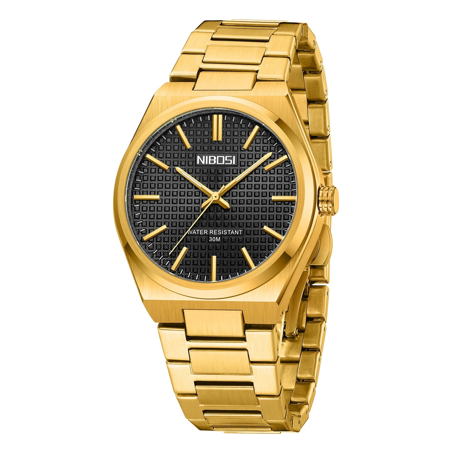 Gold watch with black face on a white background
