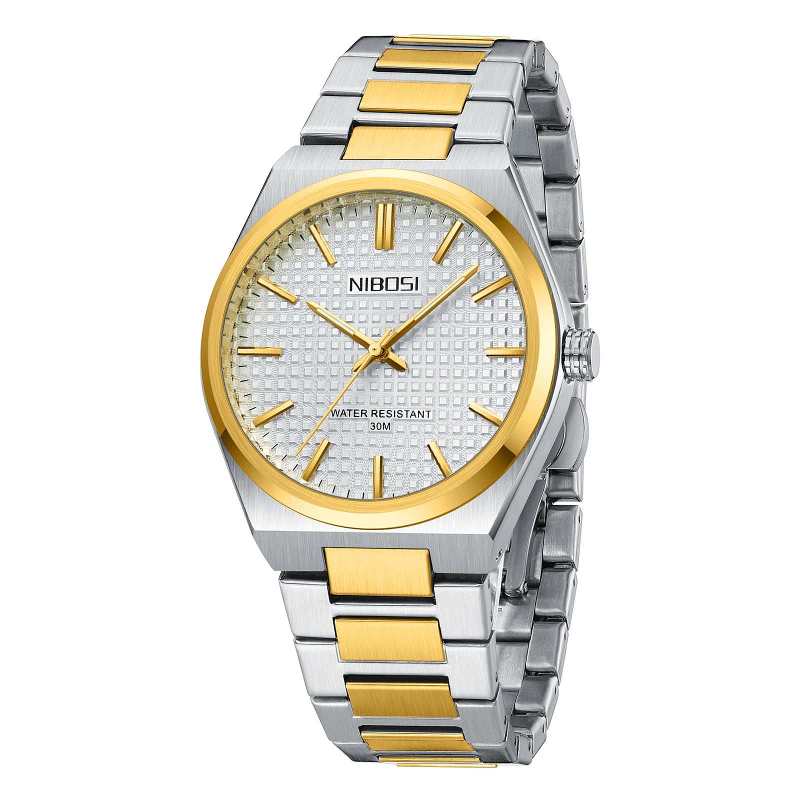 Two-tone silver and gold watch with visible brand name on a white background