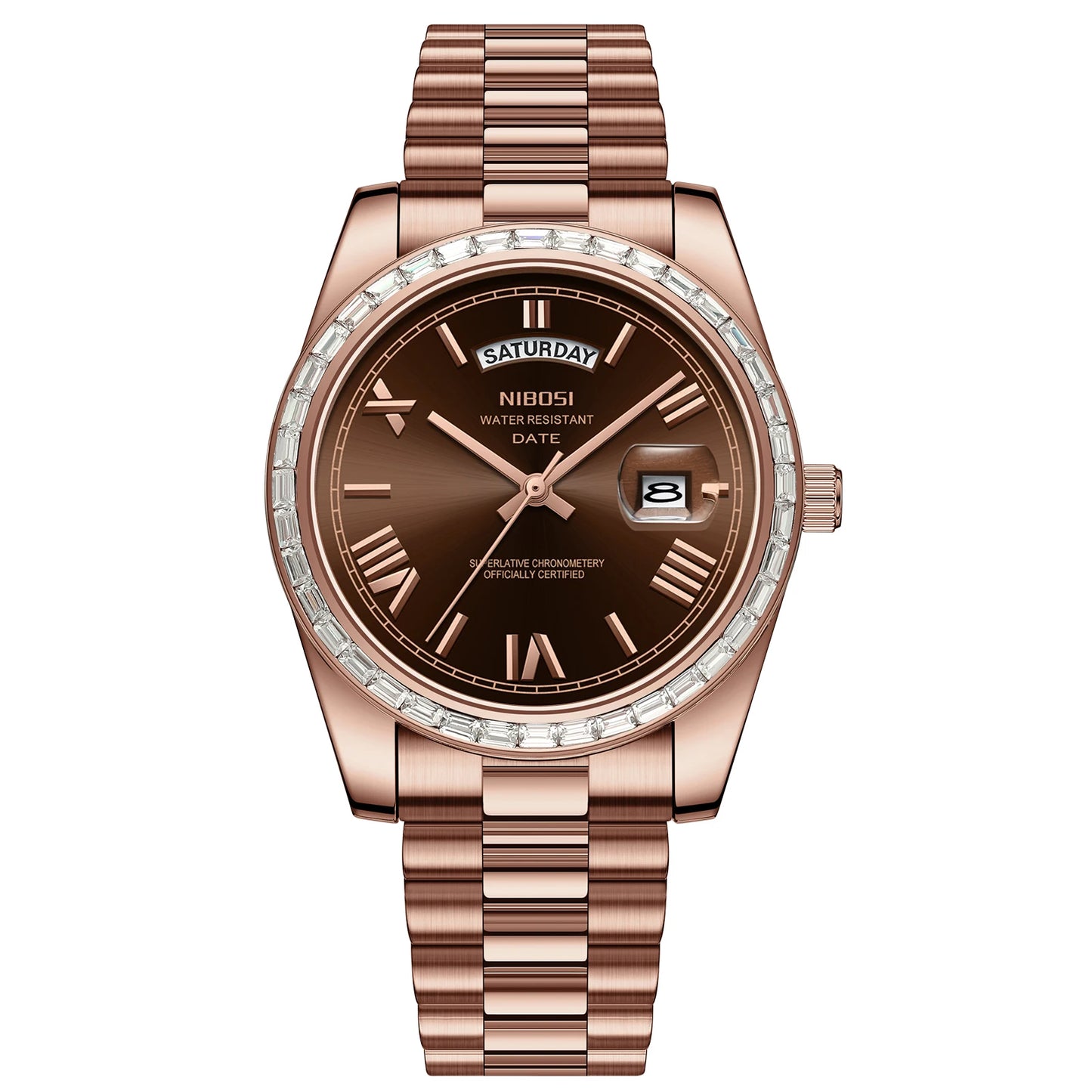 Rose gold watch with brown dial on a white background