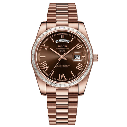 Rose gold watch with brown dial on a white background