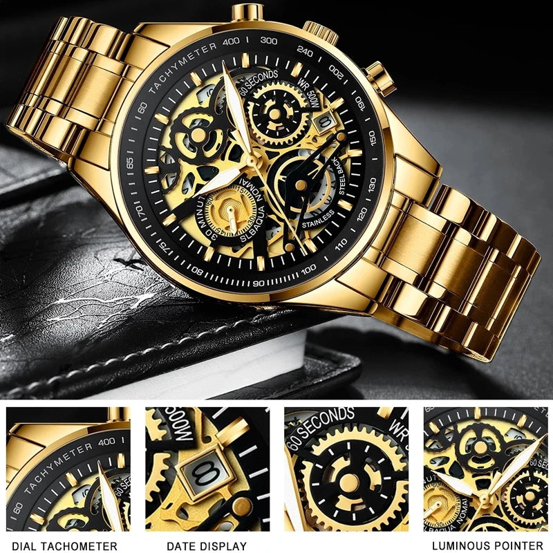 Gold wristwatch with intricate design on a dark background