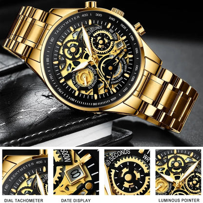 Gold wristwatch with intricate design on a dark background
