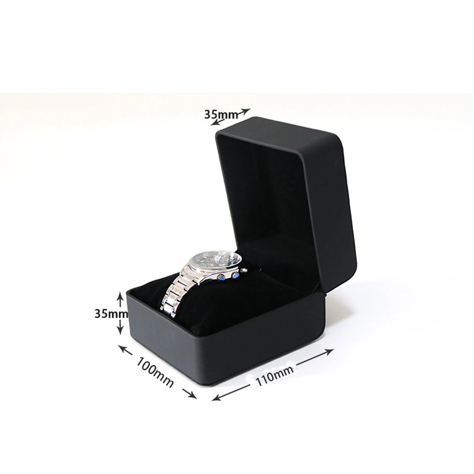 Black watch box with a silver watch inside, showing dimensions on a white background