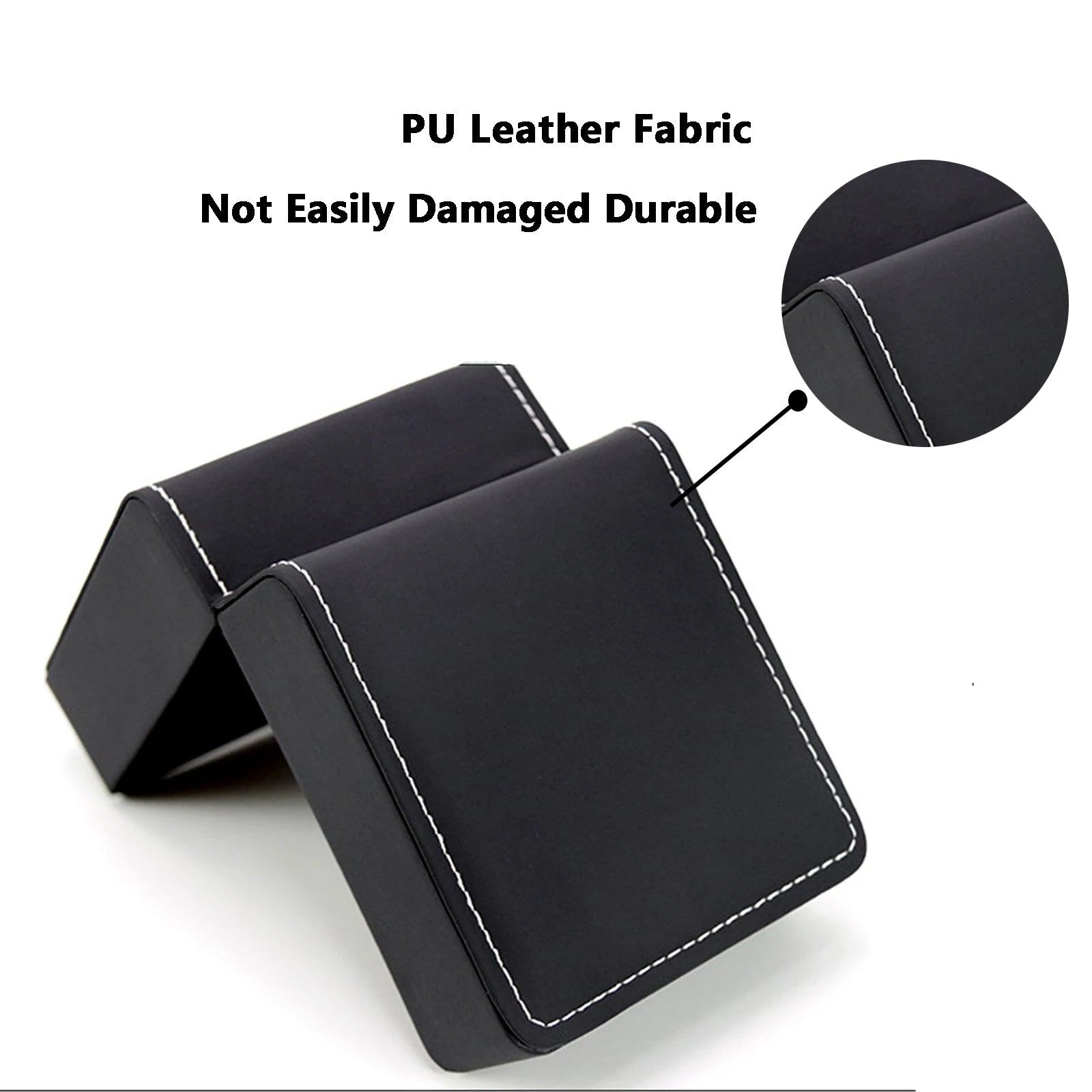 Black leather product with stitching detail on a white background