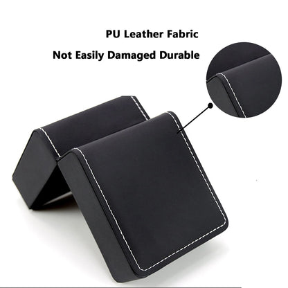 Black leather product with stitching detail on a white background
