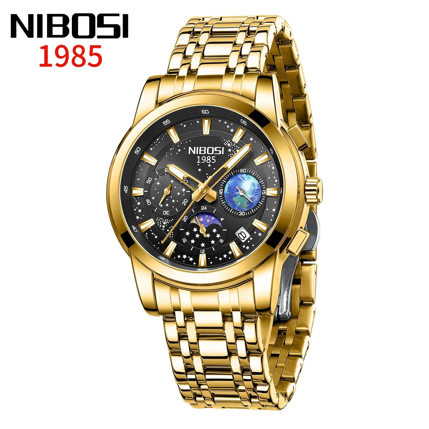 Gold wristwatch with black face andNibosi branding on a white background