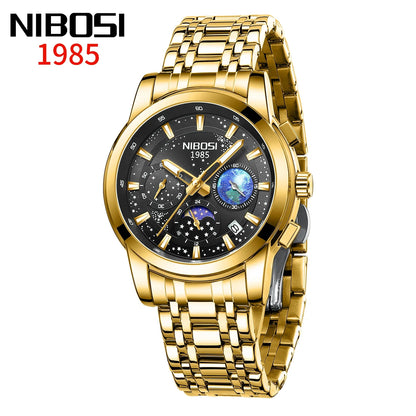 Gold wristwatch with black face andNibosi branding on a white background