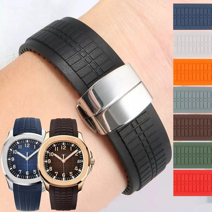Wristwatch with a black textured strap on a wrist, surrounded by color swatches.