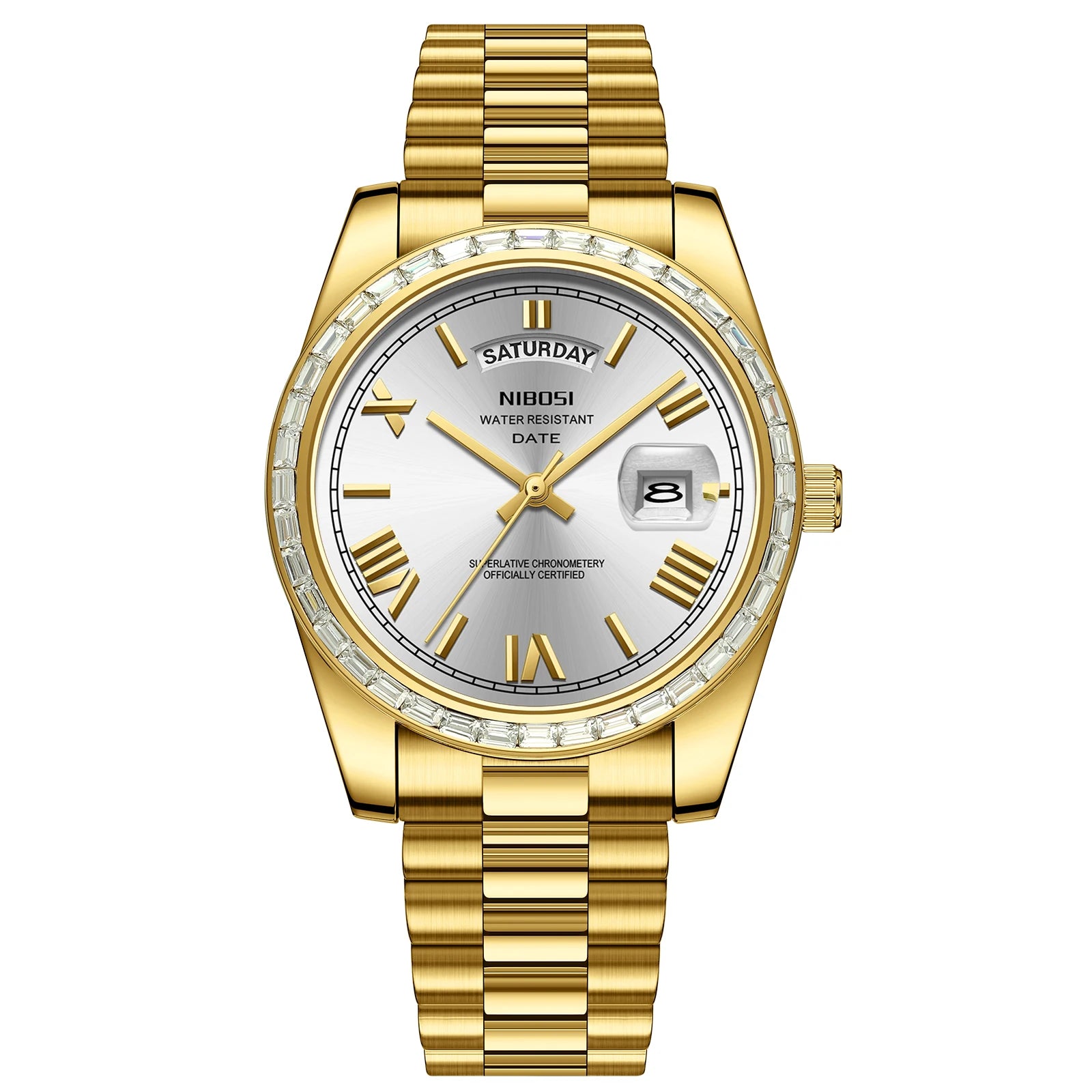 Gold wristwatch with a silver face on a white background