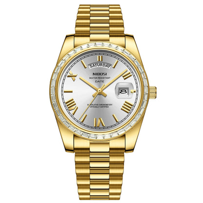 Gold wristwatch with a silver face on a white background