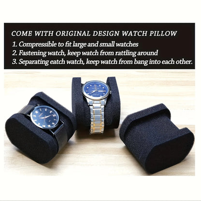 Black watch pillow with two watches on a wooden surface, featuring text about the product's features.