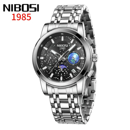 Silver NIBOSI watch with detailed face on a white background