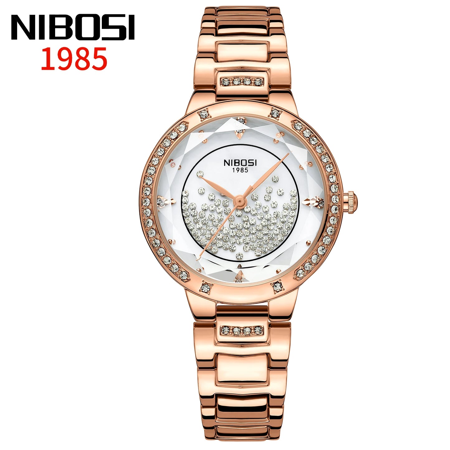Rose gold watch with diamond accents on a white background, featuring the NIBOSI brand.