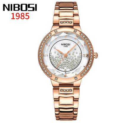 Rose gold watch with diamond accents on a white background, featuring the NIBOSI brand.
