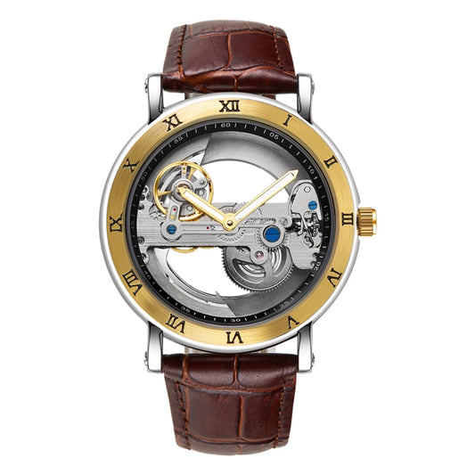Watch with brown leather strap and gold and silver case on white background