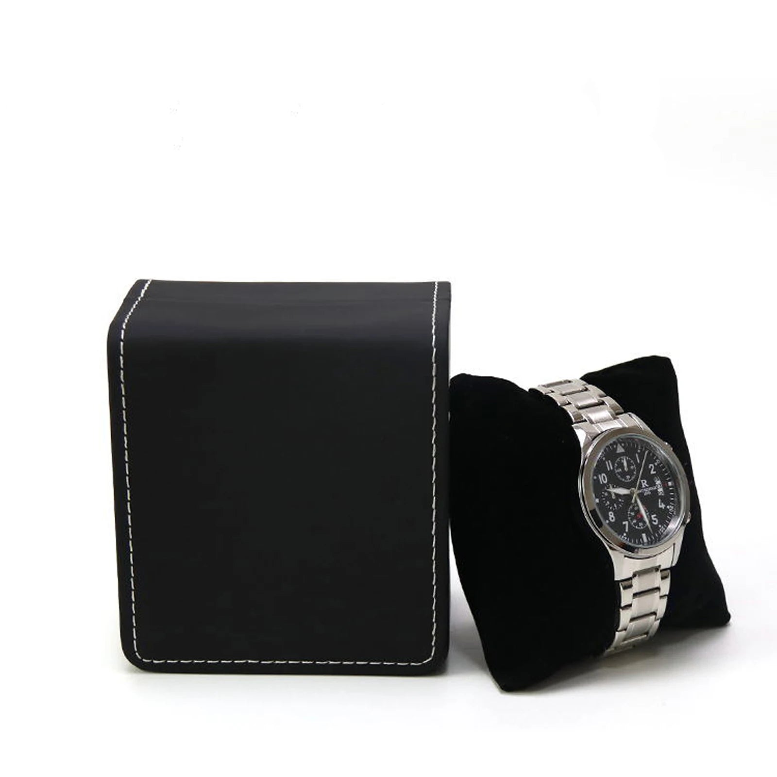 Black watch box with a silver watch on a white background