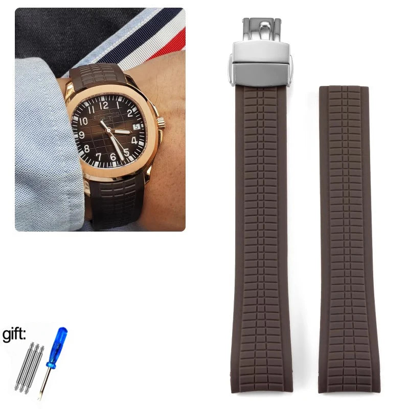 Brown watch strap with metal clasp on a white background, with a close-up inset of a watch.