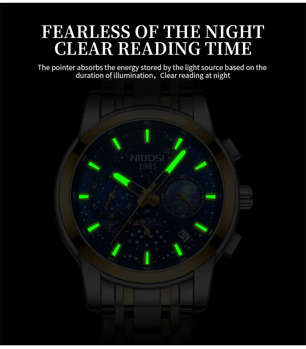 Watch with glowing green faces on a black background, featuring the brand 'Nixon'.