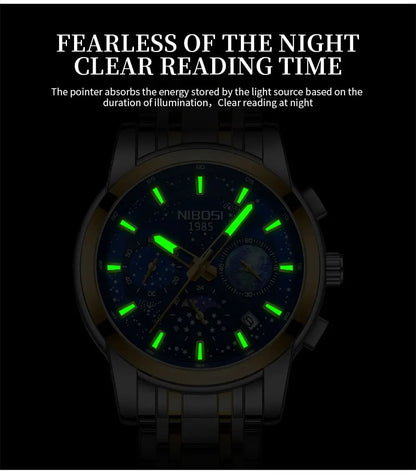 Watch with glowing green faces on a black background, featuring the brand 'Nixon'.