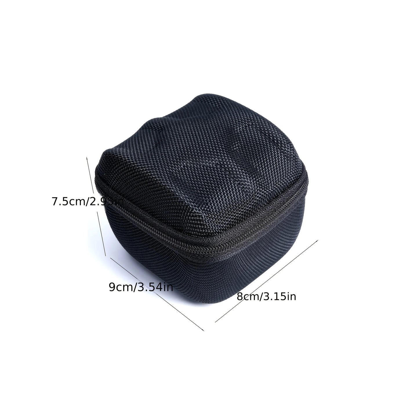 Black mesh pouch with measurements on a white background