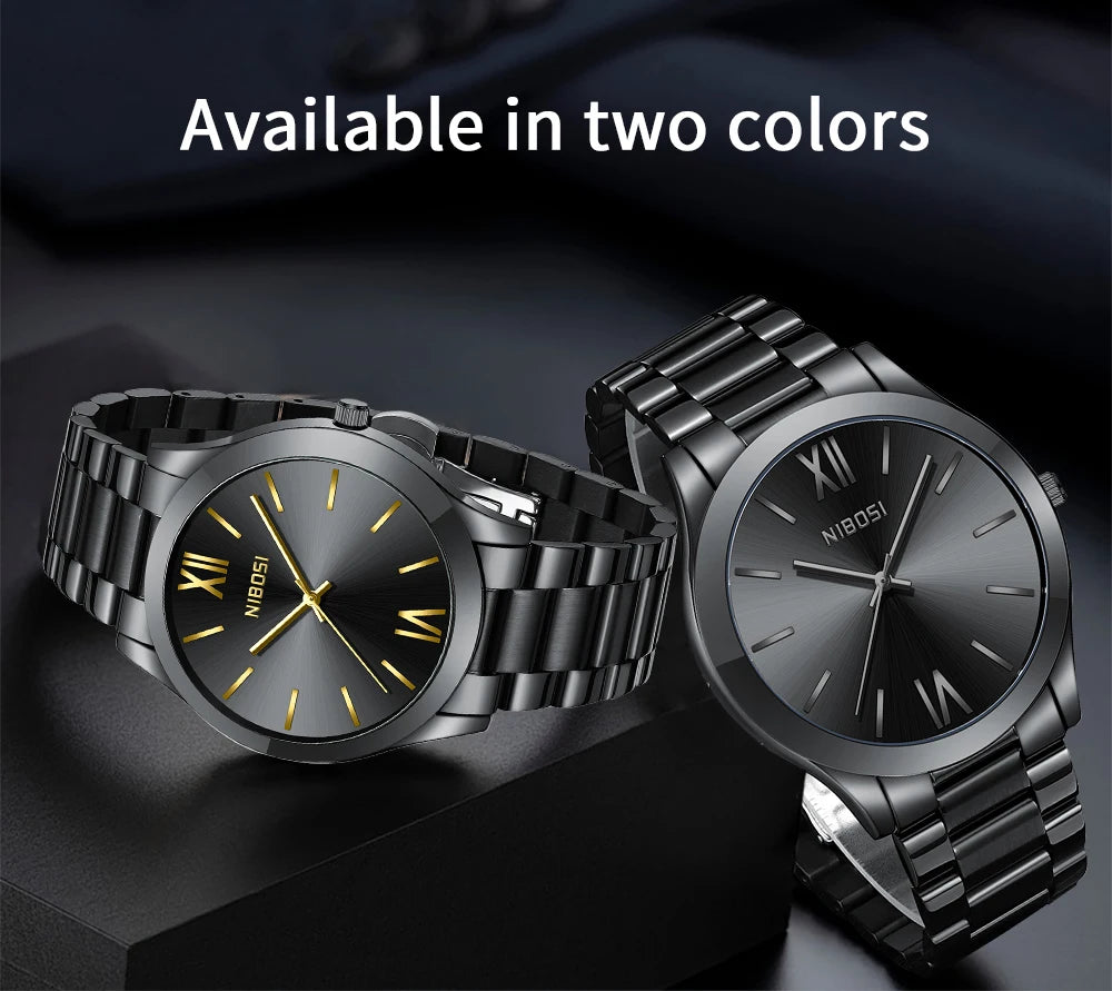 Two black wristwatches with gold accents on a dark background, labeled 'NIBOSI'.