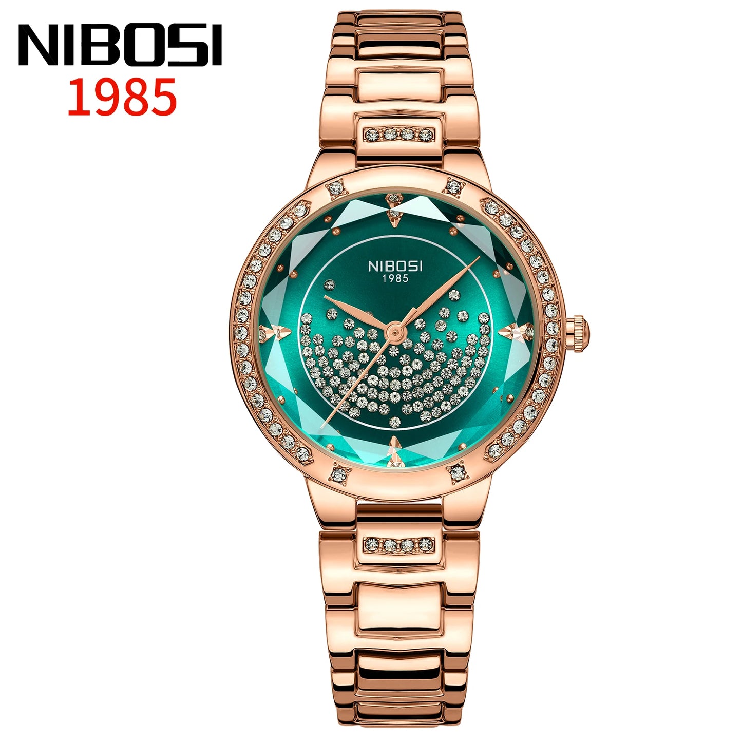 Rose gold watch with green face and 'NIBOSI 1985' branding on a white background