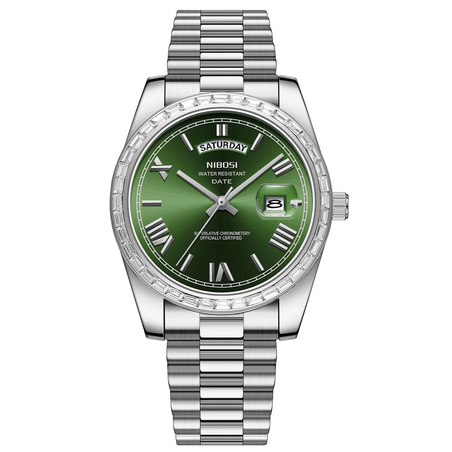 Silver watch with a green face on a white background