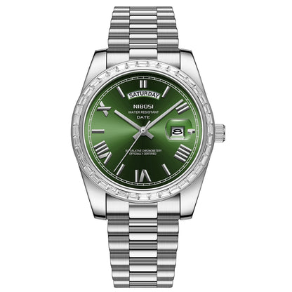 Silver watch with a green face on a white background