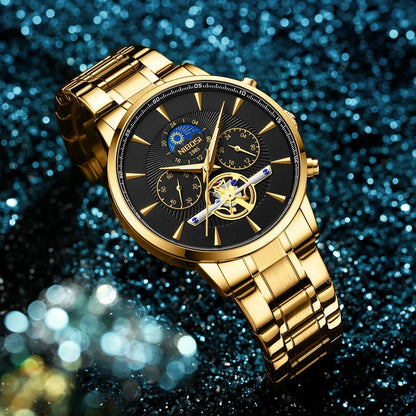 Gold wristwatch with a black face on a glittery blue background