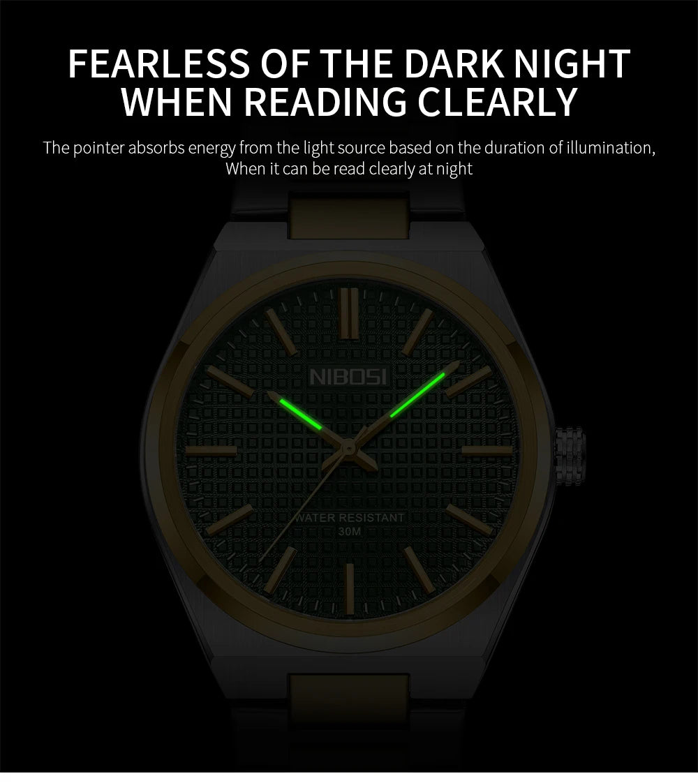 NIBOSI watch with glowing green hands on a black background