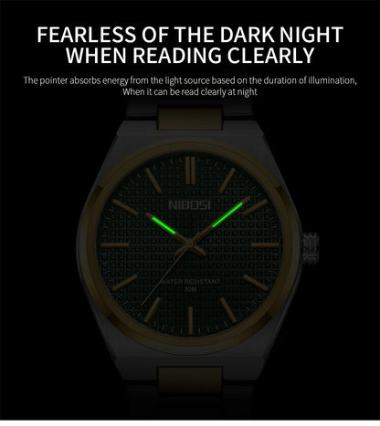 NIBOSI watch with glowing green hands on a black background