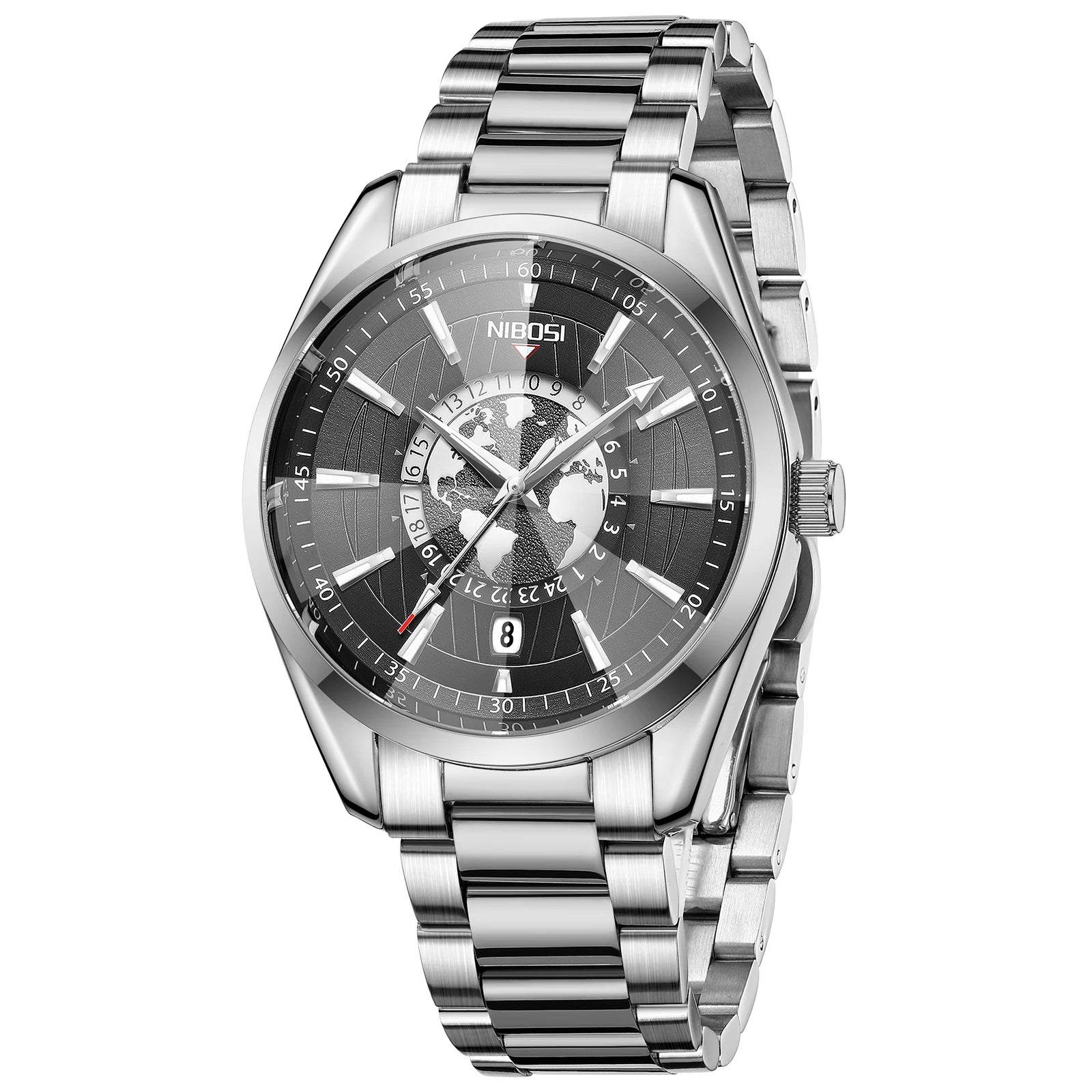 Silver wristwatch with a detailed face on a white background