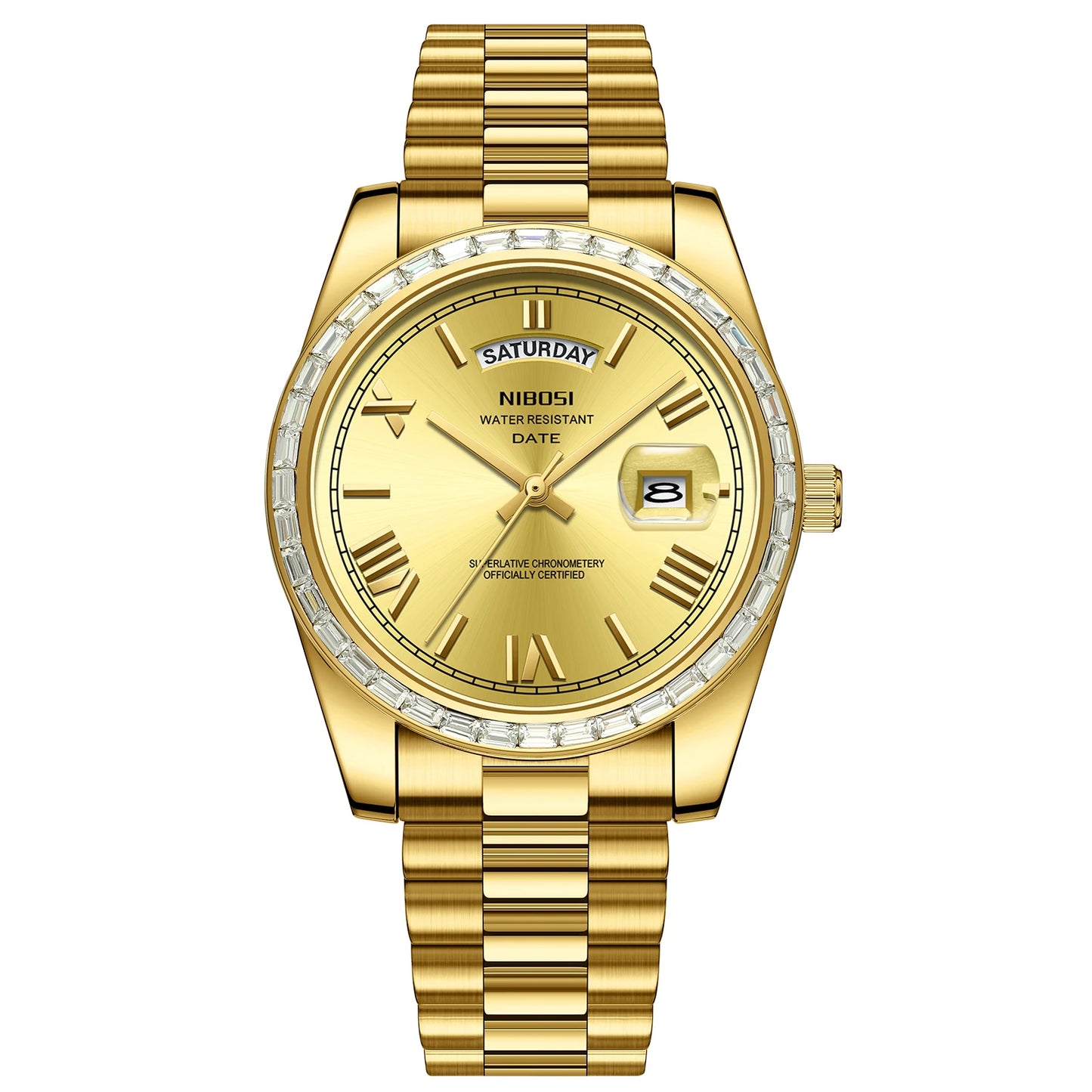 Gold wristwatch with a detailed face on a white background