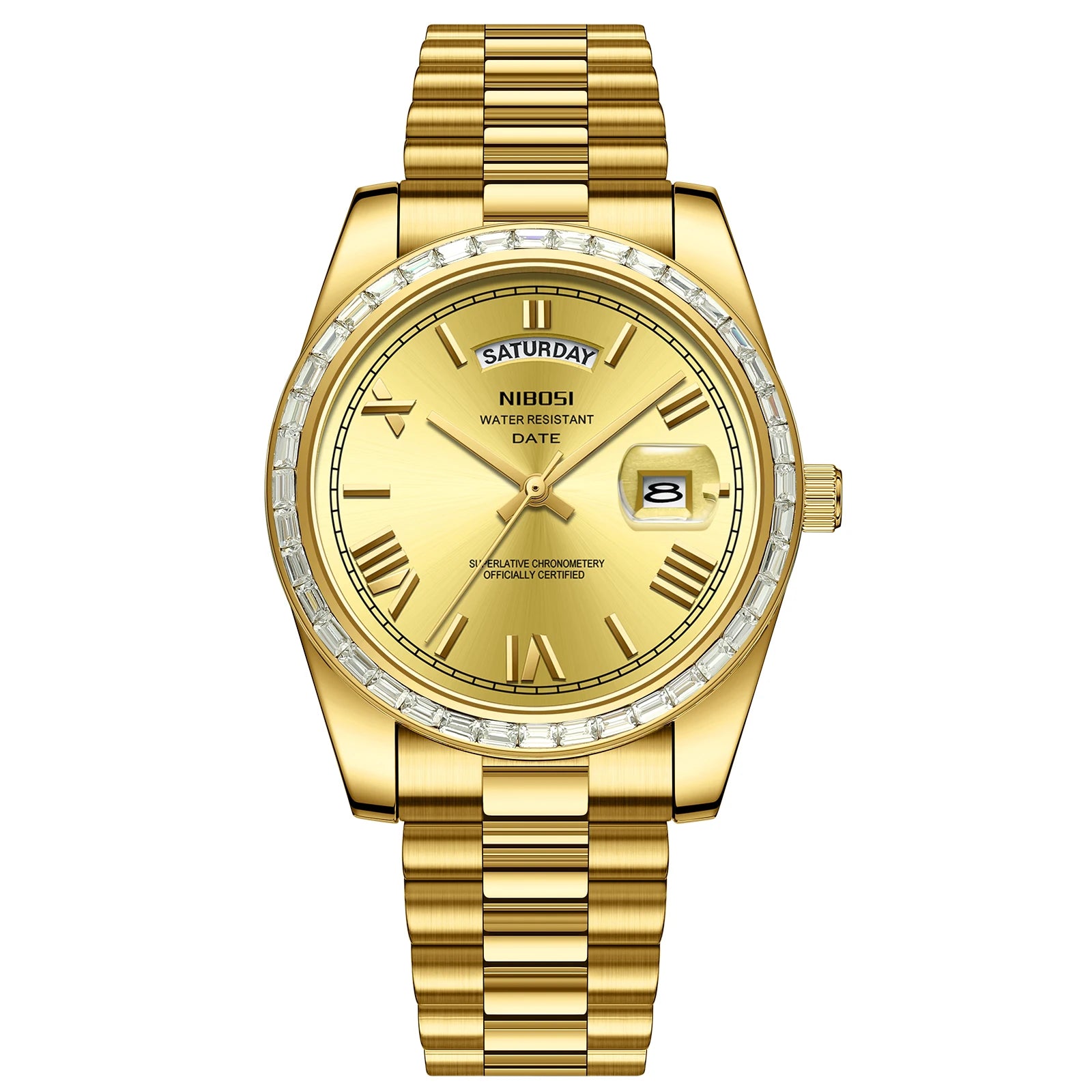 Gold wristwatch with a detailed face on a white background